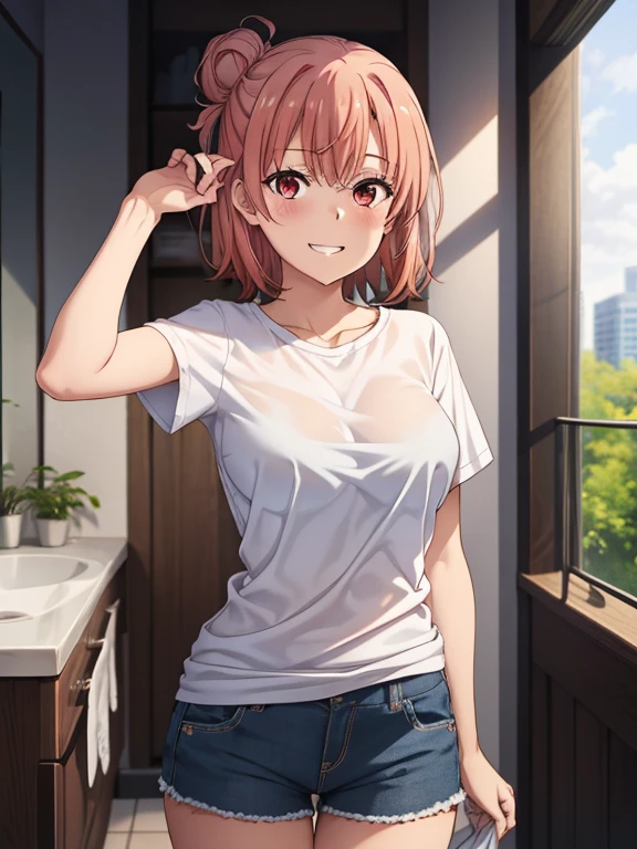 ((masutepiece, Best Quality, hight resolution, nffsw, Perfect Pixel, depth of fields, 4K, )), 1girl in, Solo, , Beautiful anime girl, Beautiful Art Style,
standing:1.3, bathroom background, Looking at wevier.
Perfect body, grin smile, lift tshirt:1.3, taking off the shirt:1.4,
Yuigahama Yui, Hair bun, short hair, large breasts, claverage:1.2,
Full face blush, short pants,
straight-on:1.3, medium shot