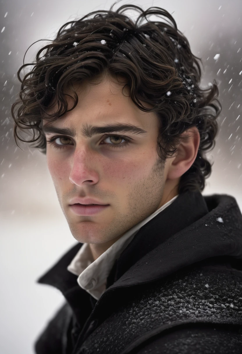 (highly detailed, soft light, photorealistic, dynamic light; cinematic); victorian era; 1820s; 24 years old man; Greek; 1820s Anglican priest; hazel-green eyes; incredibly attractive; dark and brooding; masculine yet beautiful; hooked Greek nose; helpless longing stare; confused expression; moody; Adonis; intense; sensual; amorous air; very attractive; lean figure; stubble; hazel-green eyes; thick strong dark-brown eyebrows; long full sideburns; 1820s black Anglican priest cassock and collar; 1820's warm priest's cape; short tousled dark-brown wavy hair in 1820s style; full luscious moist lips, parted; mouth slightly open; standing in Manitoba 1820's settlement during a snow storm; hazel-green eyes; looking at camera