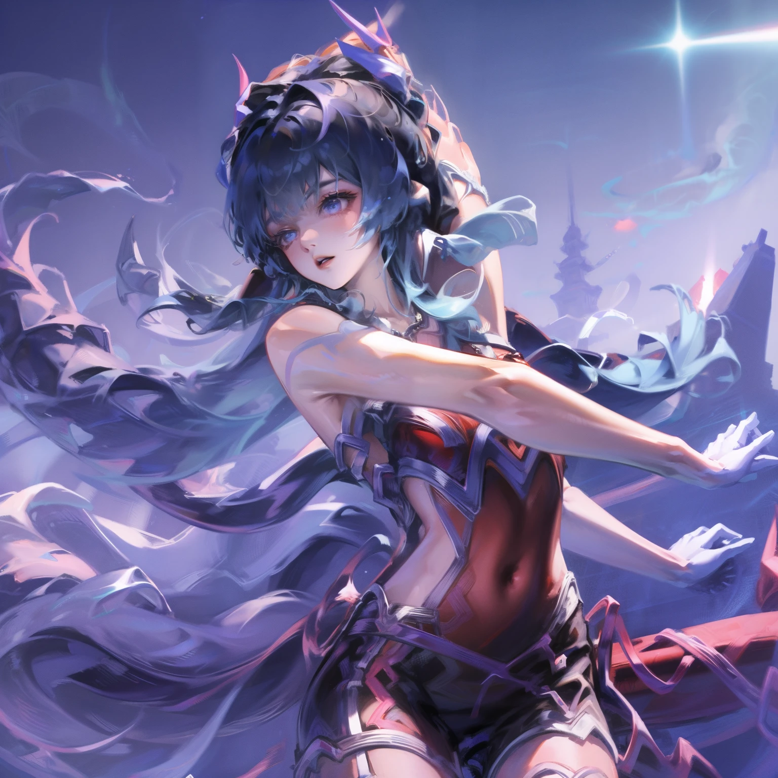 masterpiece, best quality, 1 girl, black hair, bare shoulders, long hair, skirt, cowboy shooting, dynamic poses, Dynamic angle,