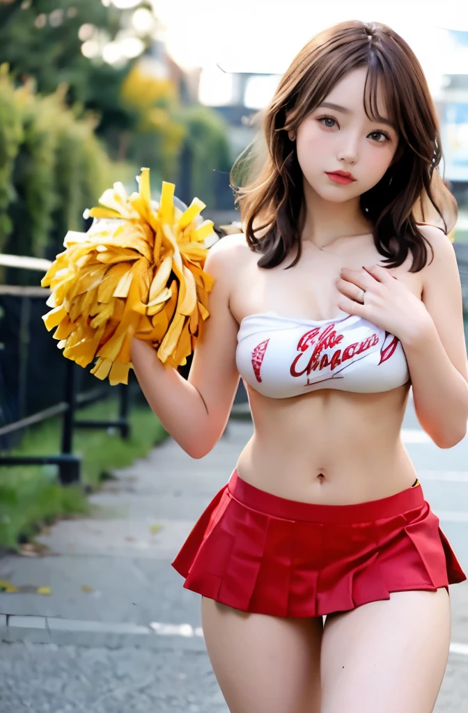 ((mini skirt:1.3)),(((topless:1.3))),(((show panties:1.3))),((Cheerleader:1.3)),(highest quality,4k,8K,High resolution,masterpiece:1.2),1 beautiful woman,,35mm lens,f/1,realistic chest,(((seductive pose))),soft sunlight,bright colors,playful expression