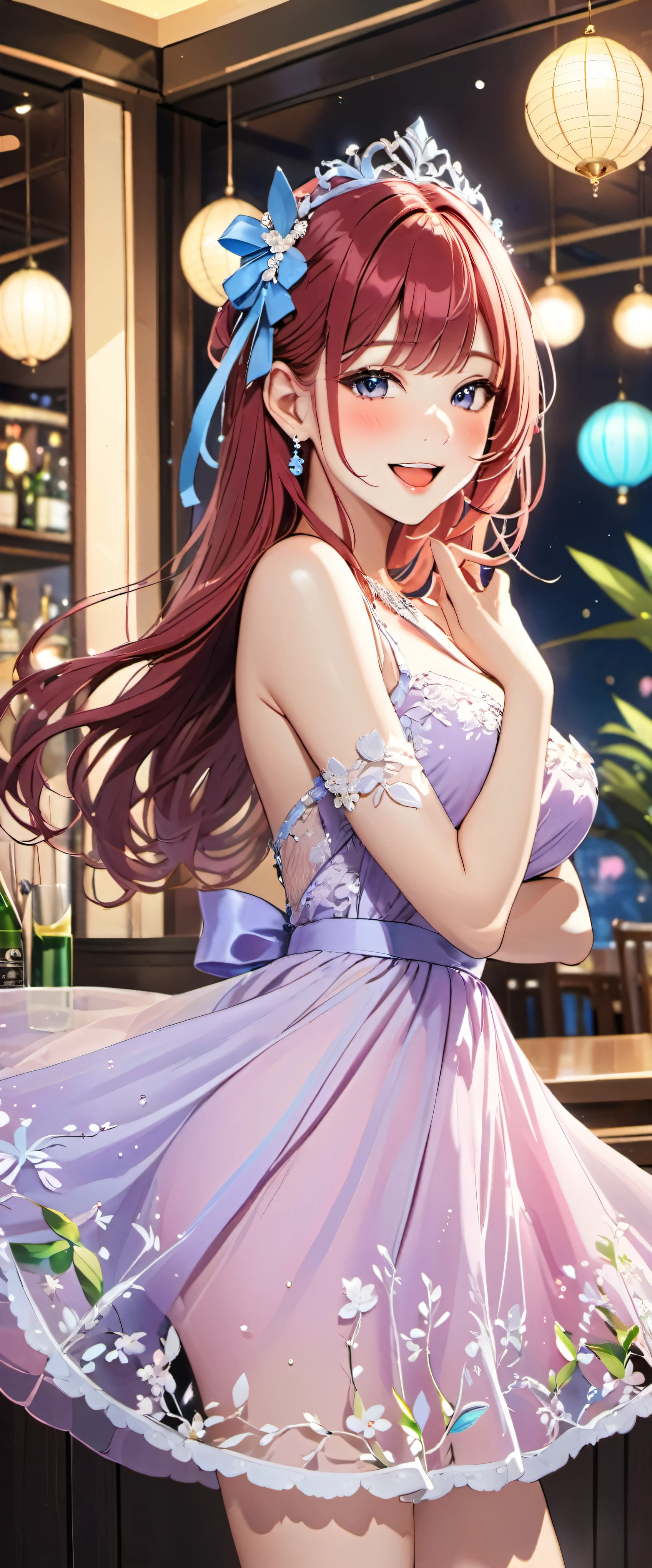 woman,20-year-old,,party venue,morning,(((sexy dress with decorations))),,open mouth smile((Pose with movement)),blush,See-through