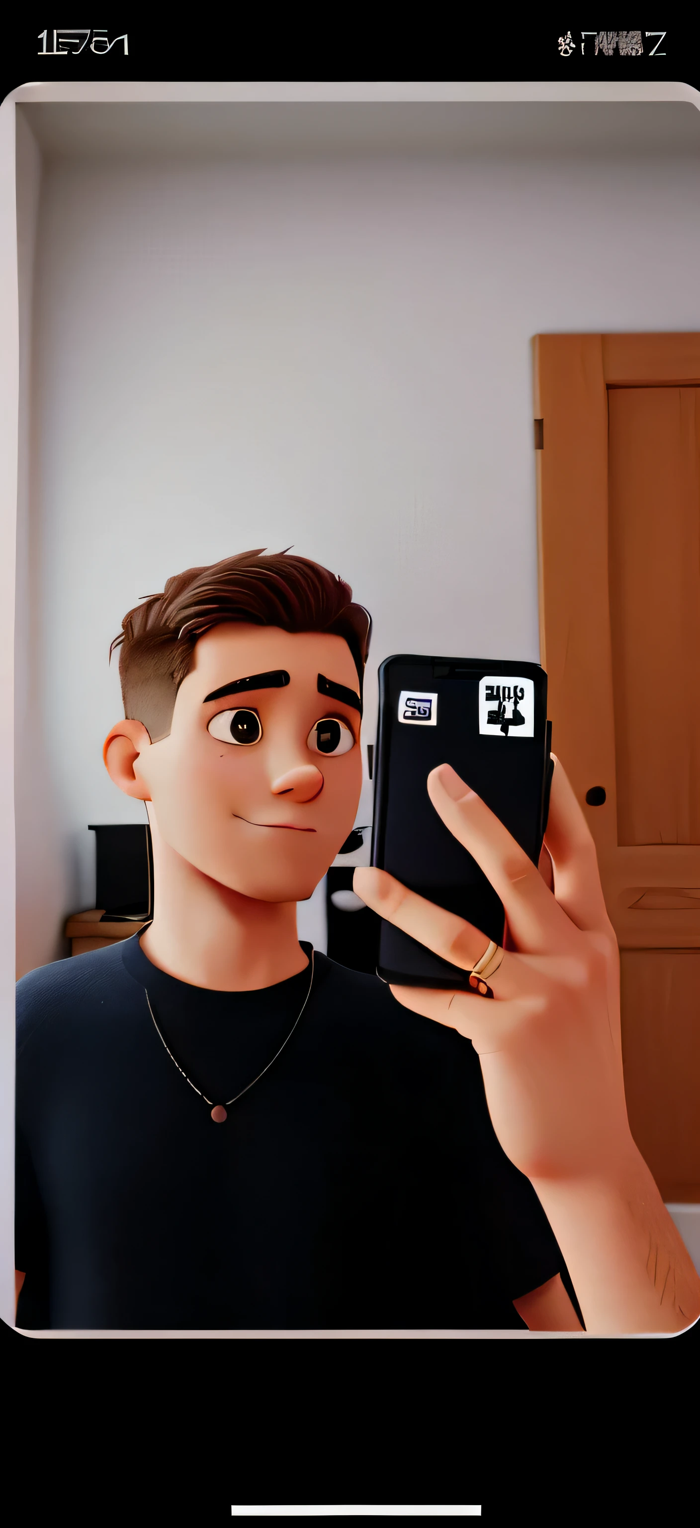 man with short hair taking photo in bedroom at home