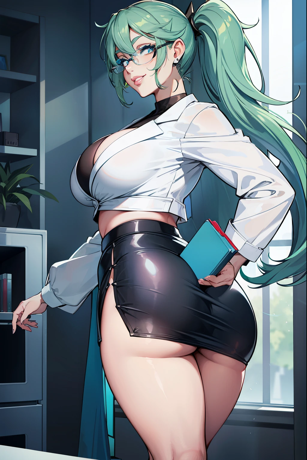 massive , big ass, juicy lips, big lips, blue eyes, massive lashes,smiling, green pony tail, lab coat, experiments, tight black skirt, glasses, harsh eyes, spikey eyes , forward fac