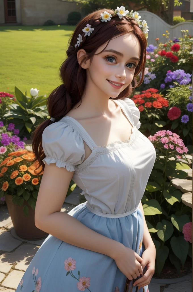 best quality, masterpiece, Auburn hair, sky blue eyes, French maid outfit. looking up, upper body,hair strand,Fair skin,side braids Large chest,. Adorable, mature Woman,detailed big-eyed woman, round face. promenent red lips. Smileing,In the garden, large ass, wearing a cute floral sun dress. flower crown, Flower belt draped around waist. Picture from the side,looking at the scenes, intense colors, Very valuable details, complex details, volumetric lighting, digital art, 8k, trending on Artstation, Clear focus, complex details, highly detail, Greg Rutkowski Big Eyes, high-resolution, Auburn hair. Alison Brie., attractive chest, .Photorealistic. Confidence, self esteem, assertiveness, dominance. wide Amused smile. ecstastic expression. Sultry
