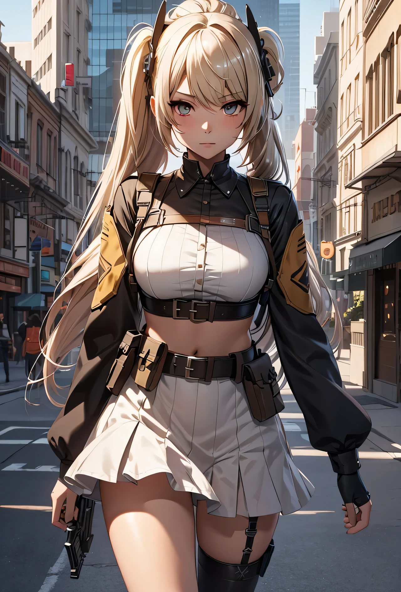 (extremely detailed CG unity 8k wallpaper),(masterpiece), (best quality), (ultra-detailed), (best illustration),(best shadow), cowboy shot, (sharp eyeliner, eyeshadow, detailed eyes:1.1), (city background:1.2), ,BREAK , mod3 (girls' frontline), ,