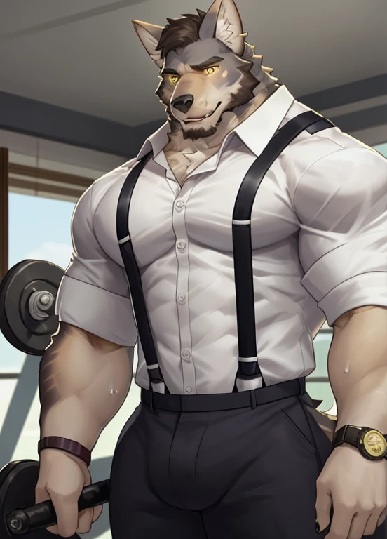 william adler, solo, shirt, 1boy, white shirt, upper body, male focus, collared shirt, pants, looking to the side, suspenders, pectorals, sleeves rolled up, watch, wristwatch, wolf ears, beard, yellow eyes, detailed eyes, exposed pecs , abs, muscular, big crotch, mass sweat, working out, gym