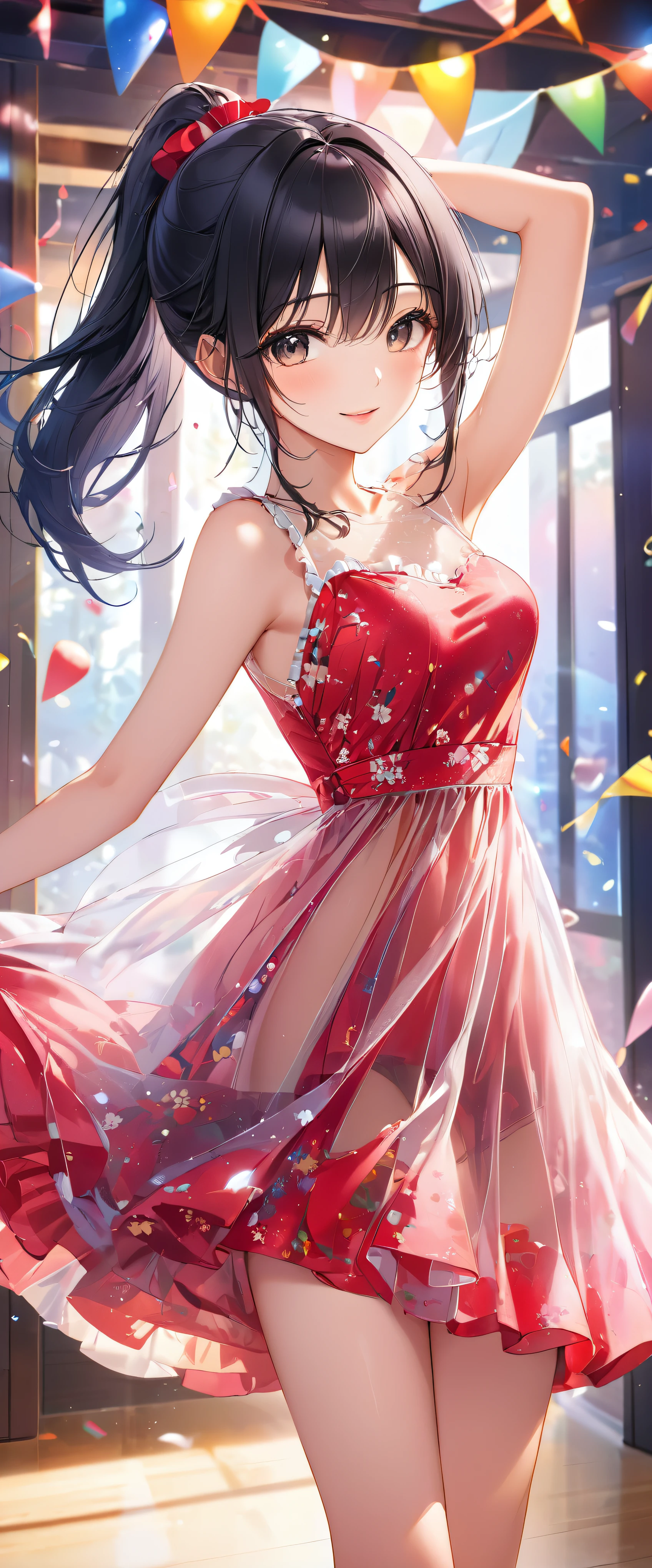 (masterpiece,highest quality,超A high resolution),japanese woman, (((Very beautiful 25 year old girl))), pretty girl、look at the photographer、 ((beautiful low ponytail)), super cute face, glossy lips, double eyelids in both eyes,natural smile、 natural makeup, long eyelashes, Shiny and smooth hair、, perfect limbs, perfect anatomy,(((party dress))、party venue,Pose with movement,black hair,See-through