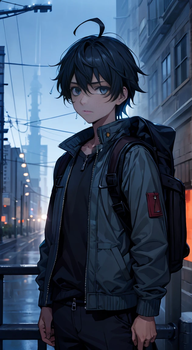 1 boy, Jacket, rain, outside, Blues, open Jacket, series, Backpack, Look at other, Hair split in the middle, Tanned skin, Boy's gender, Focus boy, Trend in Artstation, 8K resolution, Very detailed, Anatomically correct, sharp image, Digital board, Concept art, trend in pixiv, style of makoto shinkai,