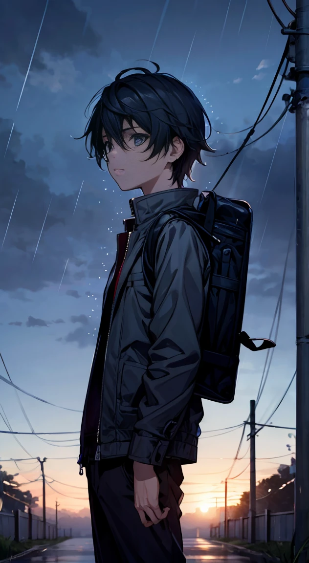1 boy, Jacket, rain, outside, Blues, open Jacket, series, Backpack, Look at other, Hair split in the middle, Tanned skin, Boy's gender, Focus boy, Trend in Artstation, 8K resolution, Very detailed, Anatomically correct, sharp image, Digital board, Concept art, trend in pixiv, style of makoto shinkai,