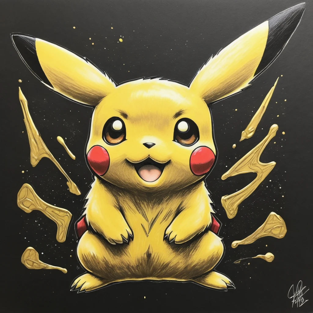 (gold paint marker on black paper,highres, (sketch,sketching:1.1),one line style, (careless,loose:0.9)) Vince Lowe style, (detailed:1.1) Pikachu sketch