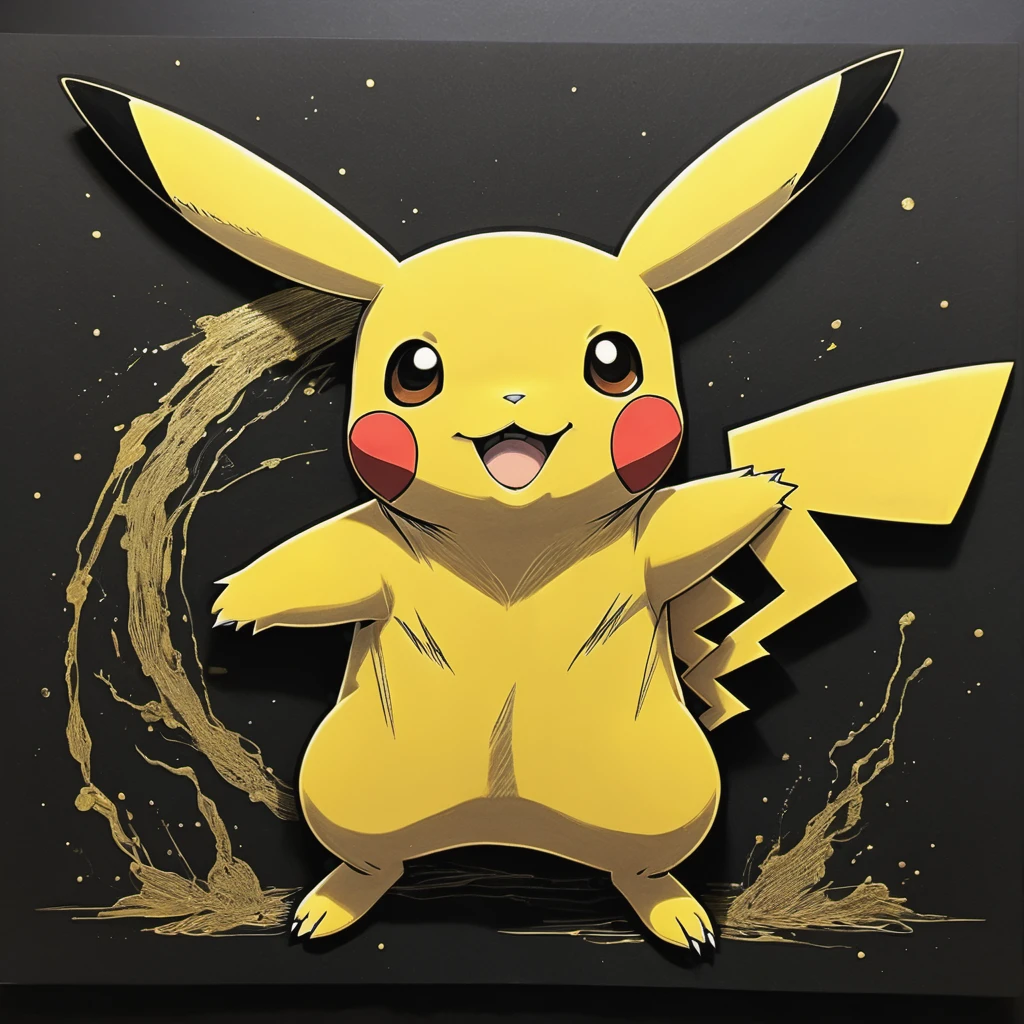 (gold paint marker on black paper,highres, (sketch,sketching:1.1),one line style, (careless,loose:0.9)) Vince Lowe style, (detailed:1.1) Pikachu sketch