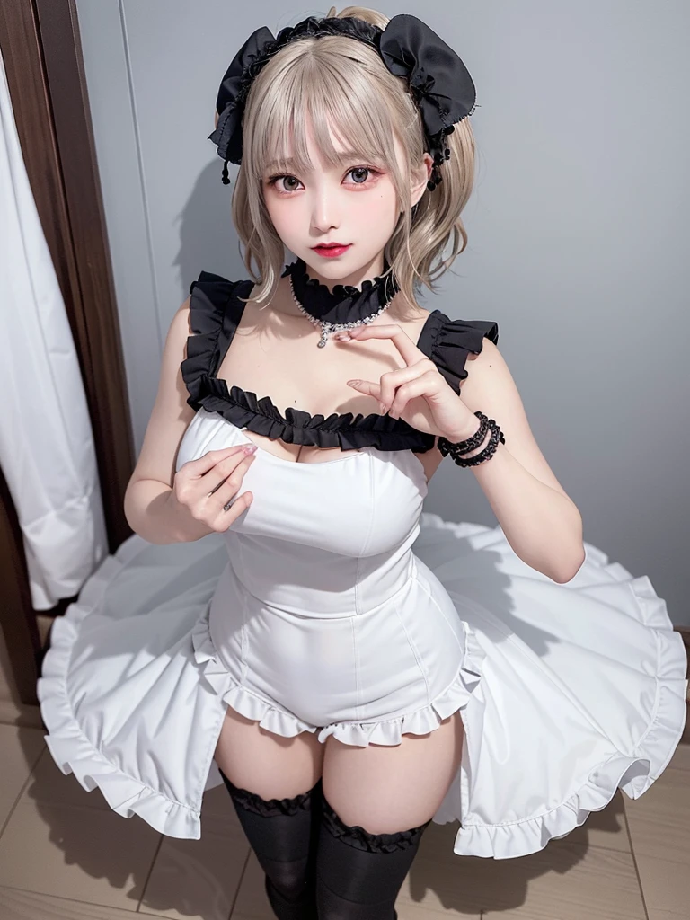 (8K, Photorealistic, Raw photo, of the highest quality: 1.3), (1girl in), Super beautiful, (Realistic face), (boyish, Silver Color Berry Shorthair), Beautiful , Glare that captivates the viewer, Beautiful expression, Beautiful breasts, (Realistic skin), Be...Super high quality, super high definition, super detailed, masterpiece, 20years old, female, cute, perfect face, beautiful, gothic lolita clothes, gothic lolita fashion, frilly skirt, headdress, necklace, bracelet, knee-high socks, boots, double eyelids, tear bags, Detailed down to the fingers, photo-like description, indoors, dim indoor lighting, blonde hair, pony tail, standing, whole body, composition that shows the whole body, smiling,Optimal ratio of 4 fingers and 1 thumb