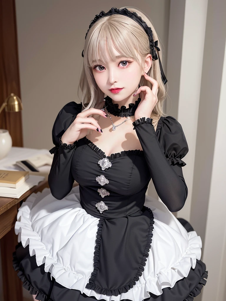 (8K, Photorealistic, Raw photo, of the highest quality: 1.3), (1girl in), Super beautiful, (Realistic face), (boyish, Silver Color Berry Shorthair), Beautiful , Glare that captivates the viewer, Beautiful expression, Beautiful breasts, (Realistic skin), Be...Super high quality, super high definition, super detailed, masterpiece, 20years old, female, cute, perfect face, beautiful, gothic lolita clothes, gothic lolita fashion, frilly skirt, headdress, necklace, bracelet, knee-high socks, boots, double eyelids, tear bags, Detailed down to the fingers, photo-like description, indoors, dim indoor lighting, blonde hair, pony tail, standing, whole body, composition that shows the whole body, smiling,Optimal ratio of 4 fingers and 1 thumb
