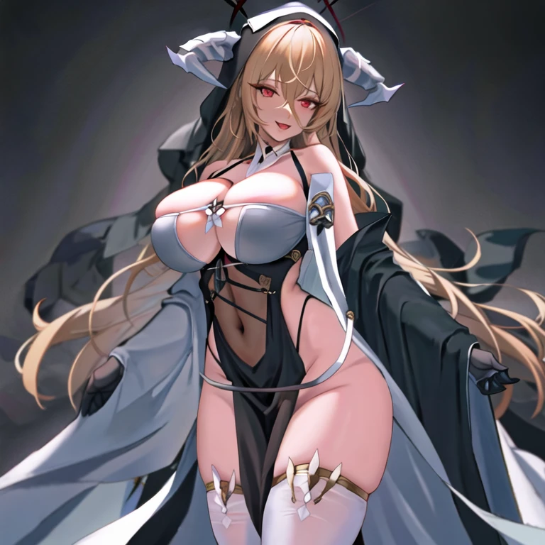 1girl, bangs, bare shoulders, between breasts, black dress, black gloves, blonde hair, breast curtains, cleavage, open mouth, covered navel, habit, hair between eyes, halo, horns, huge breasts, implacable \(azur lane\), long sleeves, looking at viewer, nun, pelvic curtain, red eyes, smile, solo, very long hair, white thighhighs