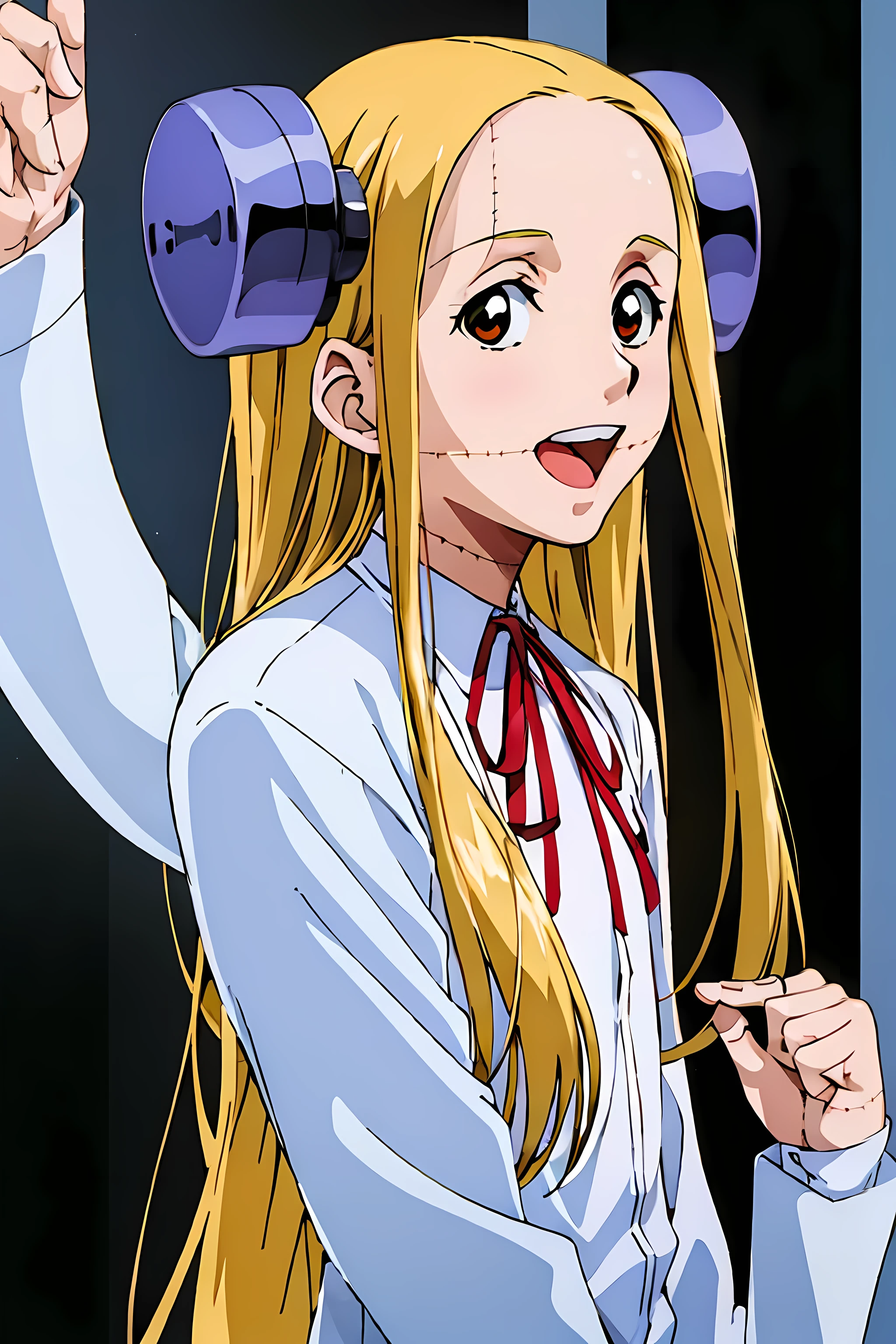 (highest quality:1.3),(ultra-become familiar with:1.5),High resolution,extremely become familiar with CG,unity 8k wallpaper,official art,become familiar with,super become familiar with skin,perfect anatomy,beautiful become familiar with eyes,(anime screenshot:1.11),very delicate and beautiful,(90s anime,90s anime style,cel shaded anime:1.17),1 girl,anmnr, 
((madaraki_fran:1.52)),Light blonde long hair,brown eyes,(white clothes:1.7),stitch,body scars,creepy look,open mouth smile,