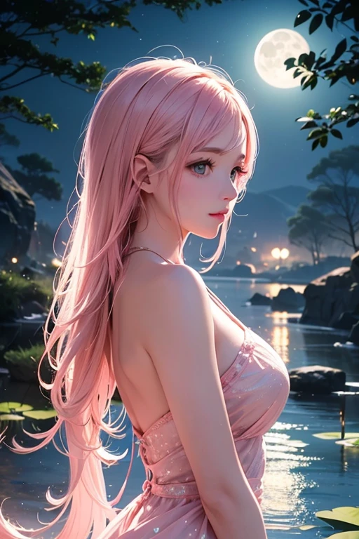 ((best quality, ultra-detailed, high resolution, extremely detailed CG, super detailed, direct light, Most beautiful clean lighting, Perfect nudity)), 1 girl, beautiful girl, cute girl and idol face, young face, smile, Beautiful long pink hair, twintails, Beautiful shining red eyes, white skin, slender, Short body, nsfw, white panties, topless, arms behind back, upper body, divine garment, fantastic landscape