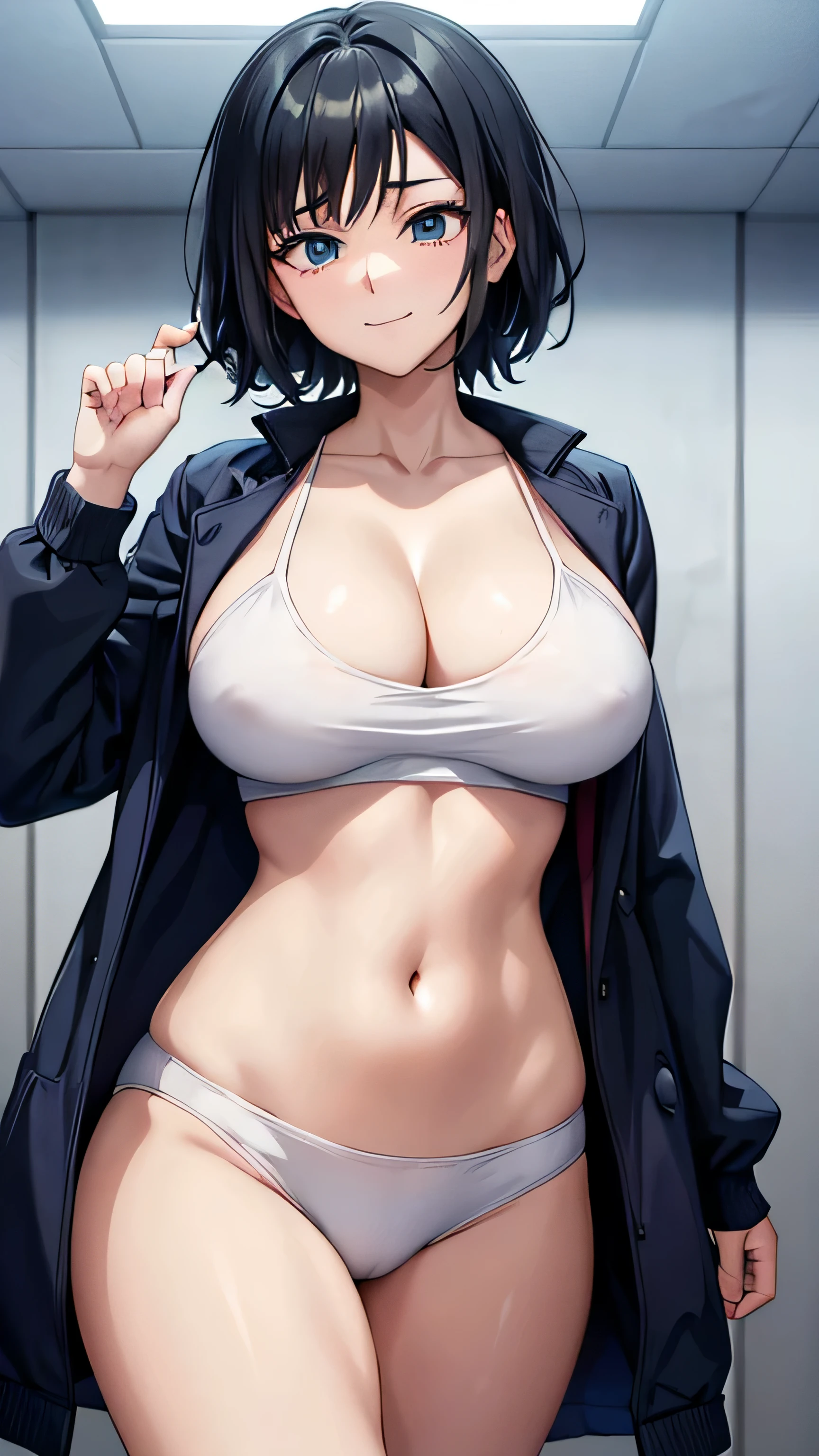 (((masterpiece))),fuyumi itadori, Anime girl characters, 1girl, solo, looking at viewer, medium hair long sleeves, cleavage, bigger breasts, closed mouth, collarbone, jacket, open clothes, open jacket, blue jacket, ground vehicle, sports bra, tall girl, horny, big ass, beautiful face,Charming,  anime visual of a cute girl, screenshot from the anime film, & her expression is solemn, ahegao face, in the anime film, in an anime, anime visual of a young woman, she has a cute expressive face, still from anime, perfect breasts, she is tall, All bodies visible, ahegao face, the face is ahegao, she is horny, A perverted face, she so perverted, she smile so perverted, hd picture, 4k quality, details of the face is so good,bigger breasts,she is tall, the face are so details, like anime boku no hero academia, she is tall, Standing pose,All bodies visible, 