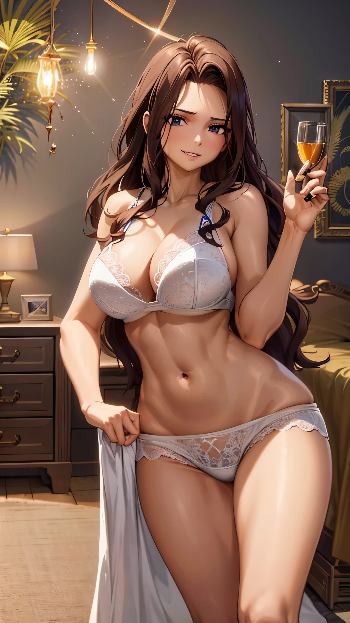 best quality,beautiful face,beautiful anatomy,good lighting,photorealism,ray tracing,4k picture,in her room,wearing white lingerie,masterpiece,ridiculous,(intricate details),(colorful),cinematic lighting,highly detailed CG unity 8k wallpaper,canarnd,1girl,mature woman,breasts,smile,parted lips,looking at viewer,