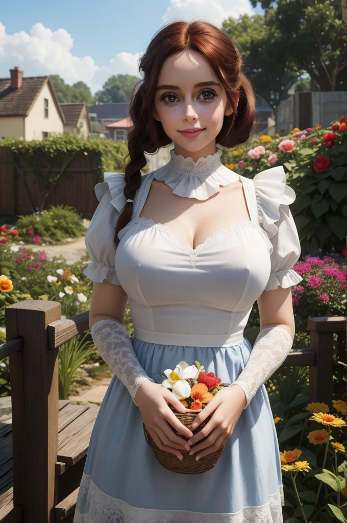 best quality, masterpiece, Auburn hair, sky blue eyes, French maid outfit. looking up, upper body,hair strand,Fair skin,side braids Large chest,. Adorable, mature Woman,detailed big-eyed woman, round face. promenent red lips. Smileing,In the garden, large ass, Picture from the side,looking at the scenes, intense colors, Very valuable details, complex details, volumetric lighting, digital art, 8k, trending on Artstation, Clear focus, complex details, highly detail, Greg Rutkowski Big Eyes, high-resolution, Auburn hair. Alison Brie., attractive chest, .Photorealistic. Confidence, self esteem, assertiveness, dominance. wide Amused smile. ecstastic expression. Sultry