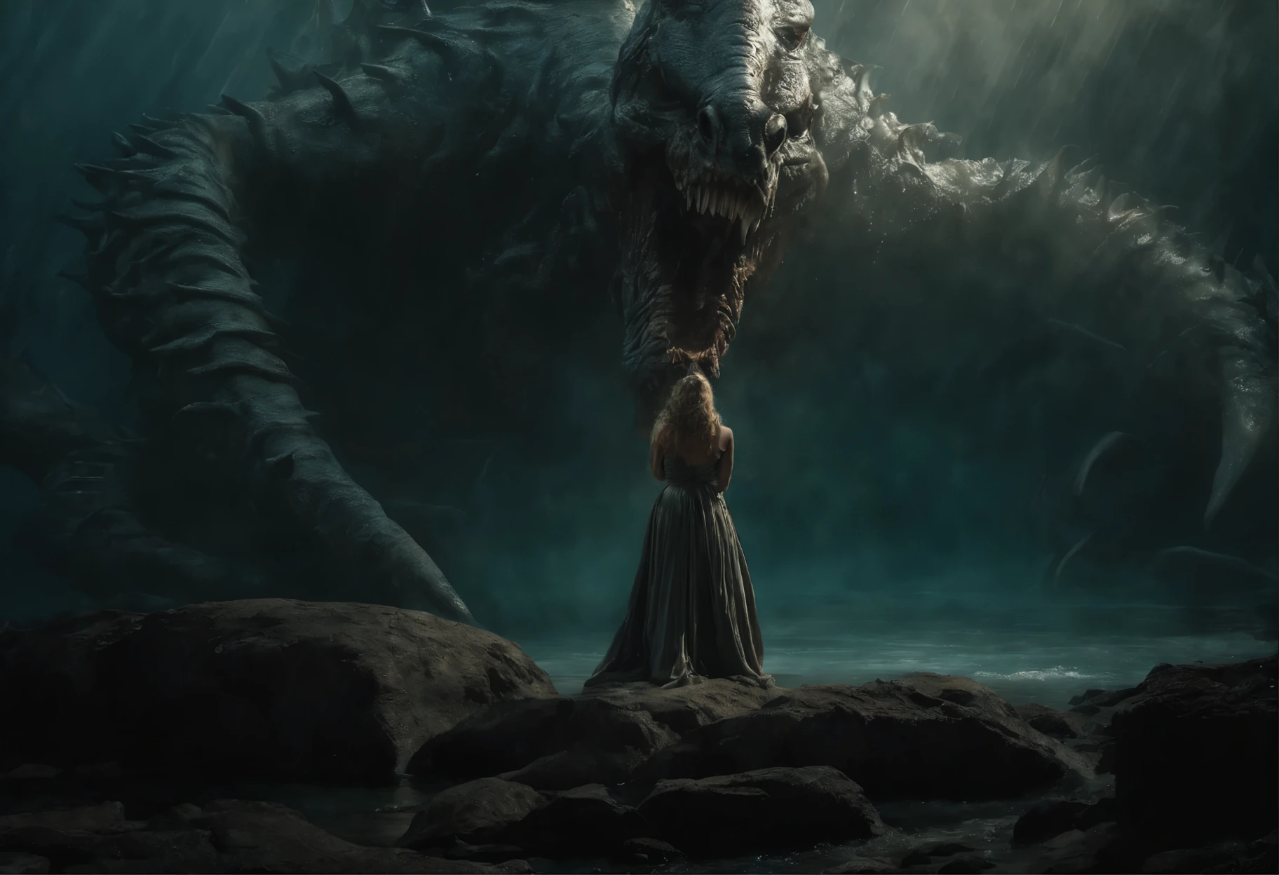 (best image quality, 4k, 8K, High resolution, masterpiece:1.2), (Super detailed realistic photo:1.37), (Serious situation:1.1), (A scene from an ancient Greek myth, The beautiful Princess Andromeda is sacrificed to the giant ugly monster the Kraken:1.2),Princess Andromeda is prominently placed in the foreground, a beautiful blonde princess with chains around her wrists, the most beautiful naked princess in the world with blue eyes, unable to escape. The princess writhes, her eyes wide with fear, photograph taken from behind: 1.2), She is an innocent maiden,(Her hands were shackled, It is attached to a reef by a long chain:1.6), (Princess Andromeda's life is in danger:1.1), (Far away Kraken, a man-eating monster, reveals its upper body from the sea and approaches the princess, mouth full of fangs, terrifying figure resembling a deformed god from the Cthulhu mythos, life-threatening situation, detailed and precise description, detailed shapes, strong shadows, (Firm texture:1.1), (eerie atmosphere, eerie clouds, A ladder to heaven growing from the clouds, dark lighting, Muddy seawater:1.2), The princess's desperate expression, Bare feet with scars, The muscles rippling across the monster's upper body, The monster's scales shine in the light, artistic style, dark fantasy, Scary mythical creatures, dramatic composition, creepy lighting, The spotlight falls on the princess and the monster, (Amazingly powerful and realistic compositions by Greg Rutkowski:1.2),(NSFW:1.3)