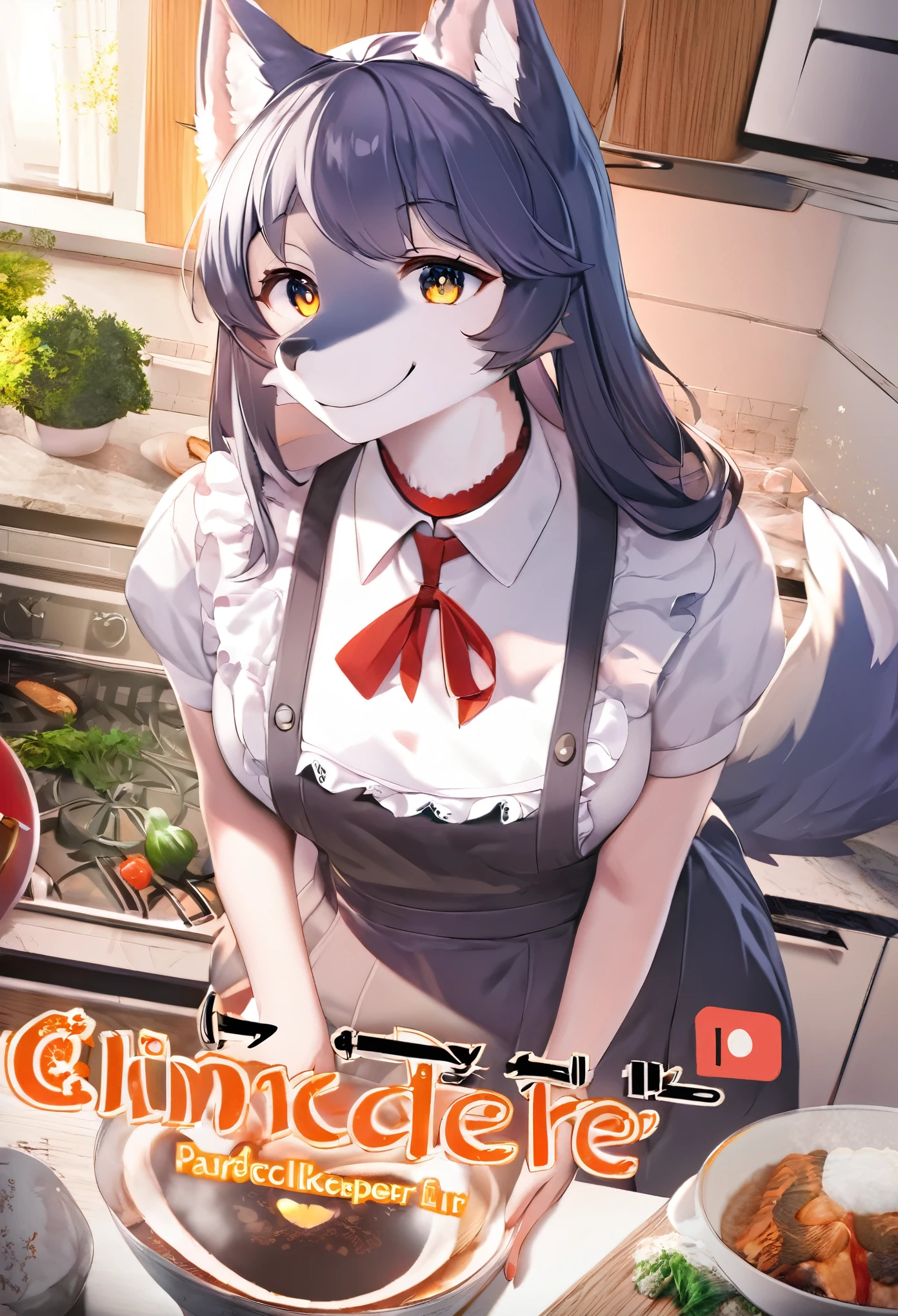 cover page, anime key visual, highres, top quality, best quality, paid reward available, High-quality illustrations, unparalleled masterpiece, perfect artwork, absurdres(lovers, housekeeper girl, cooking, wolf husband)Newlyweds, kitchen, smile:0.2, perfect anatomy, fan-created work shared on platforms Pixiv or Twitter, cinematic lighting,