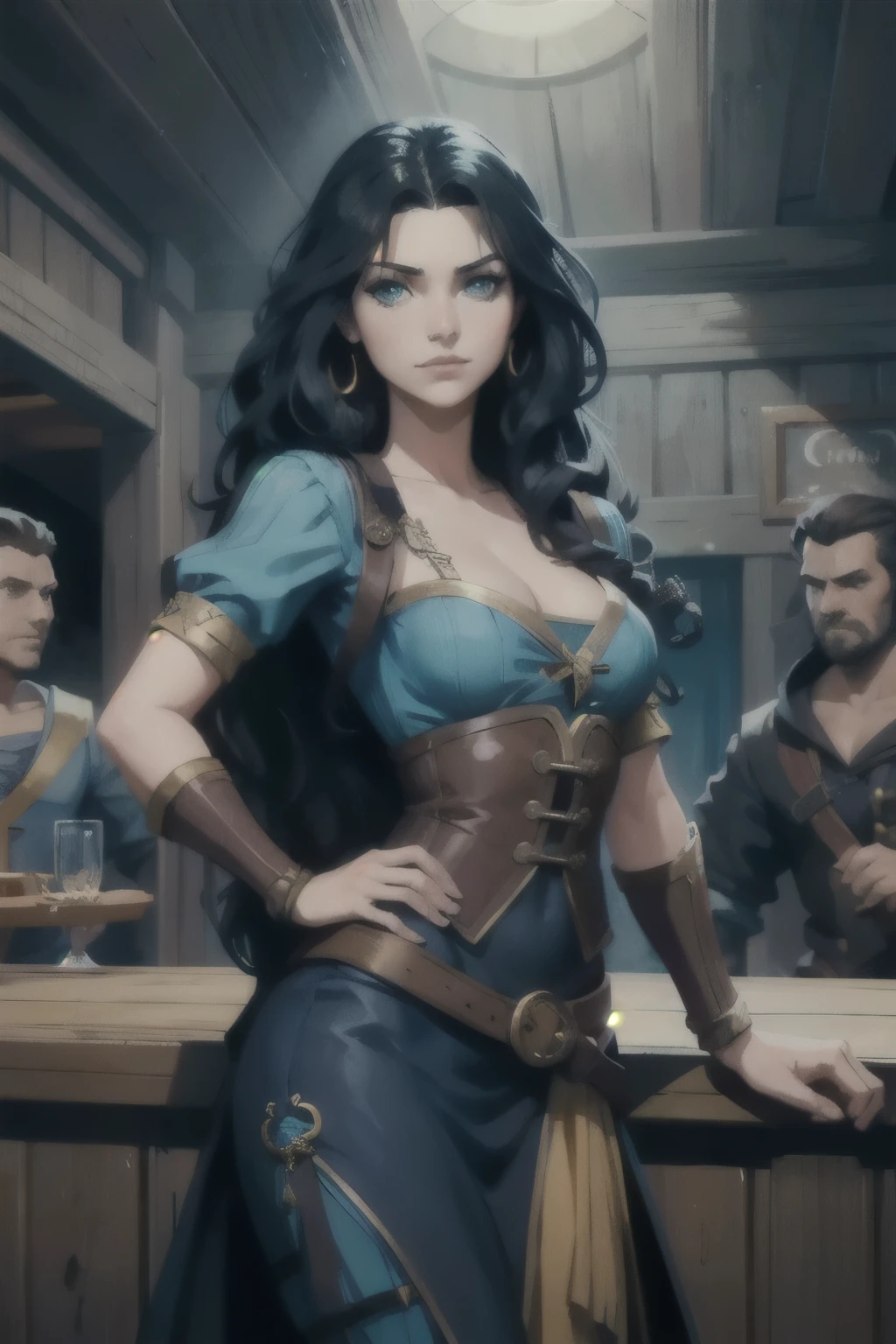 A beautiful flushed woman, pirate, with green eyes and brown hair she is a sorceress wearing white and gold noble robes With Hood A princess of magic and a sad look of dramatic concern