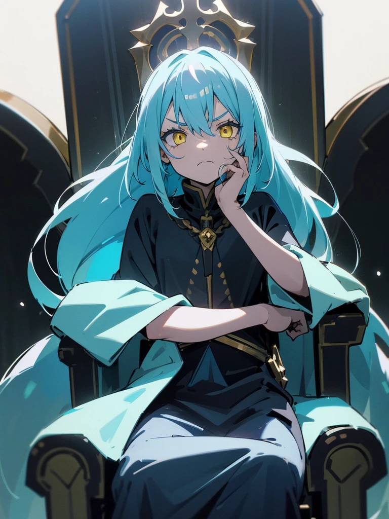 1girl, cyan hair, yellow eyes, dark menacing aura, dark shade on face, front angle,looking down, sitting on a throne, menacing sitting posture,right closed hand resting on cheeks.