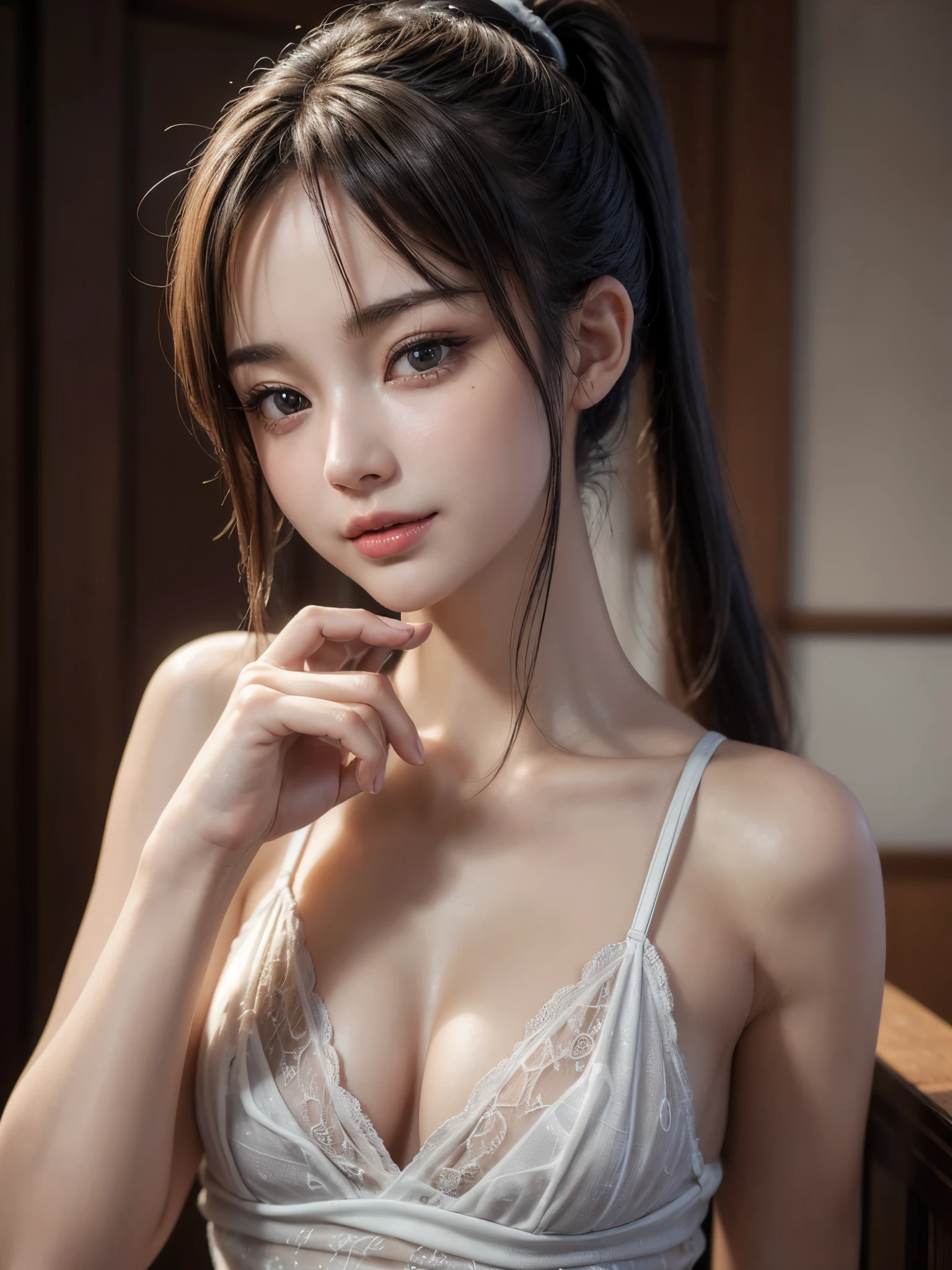 (1 girl), ponytail, very cute face, wonderful face and eyes, (very detailed目, very detailed顔), Fresh, ((long ponytail)), (超realistic, High resolution), (highest quality:1.4), (hyper quality), real skin texture, Raw photo, (realistic, Photoreal:1.37), very detailed, professional photography, (Beautiful mini dresses:1.5), (open front mini dress), (cleavage:1.2), (bare shoulders), smile a little, (look at me), luxury living room, girl portrait,Clothes that fit tightly against the skin、(erect nipples :1.4), Depth of written boundary, cinematic light, Lens flare, ray tracing, (face with intricate details, beautiful lips, beautiful eyes, (professional lighting), (16k), highest quality , 超High resolutionの出力画像, (intricate details), (Image mode to Ultra HD), , beautiful hands, beautiful fingers, Detailed functions of fingers, Detailed characteristics of hair, detailed facial features, Detailed features of the wear, Decorative Bra