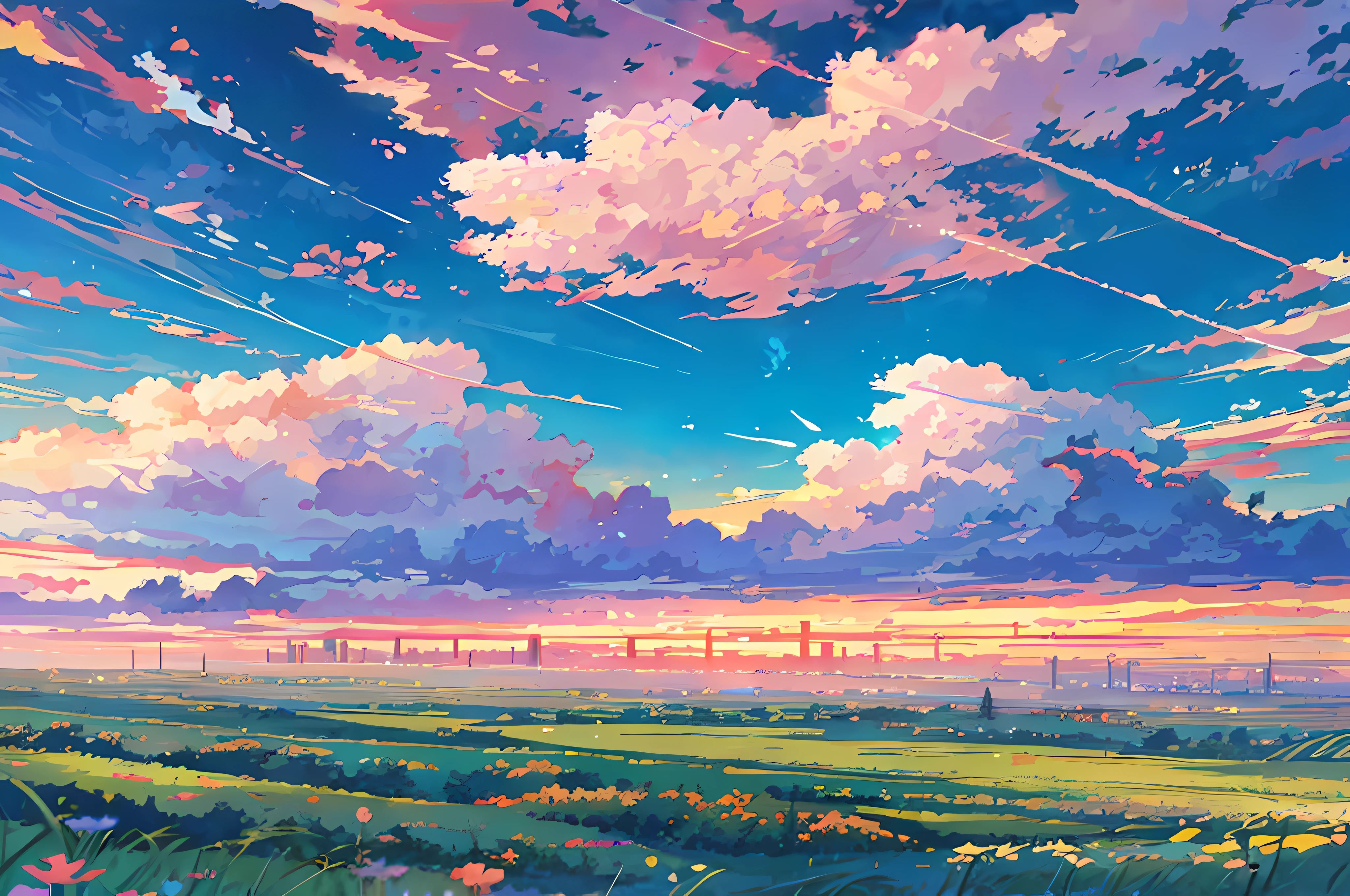 A painting of a field with a sunset and clouds - SeaArt AI