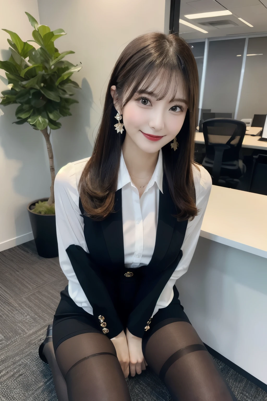 (8K, highest quality, masterpiece:1.2),
(realistic, photo-realistic:1.37),
Super detailed,
1 girl, full body, office、Foliage plant、コーヒー
officeレディー, 黒のofficeブレザー, officeスカート, (pantyhose:1.2), (down shirt with short buttons:1.2), Up collar prim with buttons, button down collar prim, good, (pantyhose:1.2), alpha layer, high heels,
beautiful earrings,
cute,
alone,
beautiful detailed sky,
(smile:1.15),
(closed mouth),
small breasts,
detailed and beautiful eyes,
business suit,
(long hair:1.2),
Floating hair NovaFrogStyle,