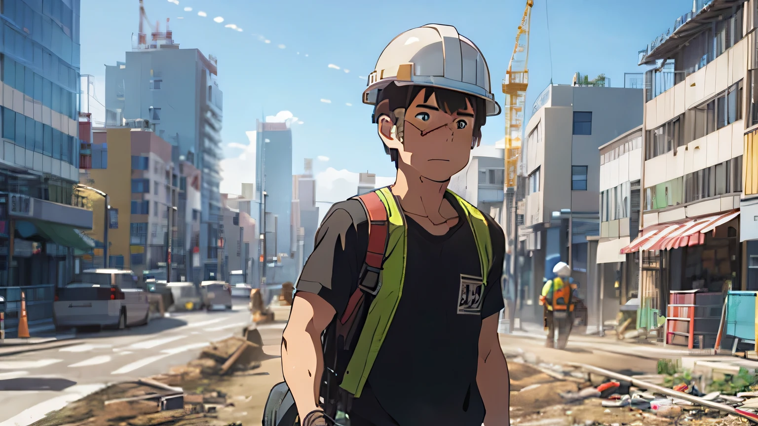 A construction site for a 10-story building is in the background、A man in his 20s wearing construction work clothes and a helmet、A man desperately carrying an iron pipe on his shoulders, with a pained expression on his face.