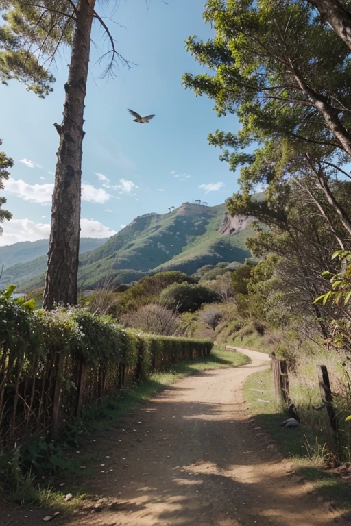 An image of a bird flying along a trail alongside a stunning landscape, enquanto o mais velho compartilha seus conhecimentos sobre a vida