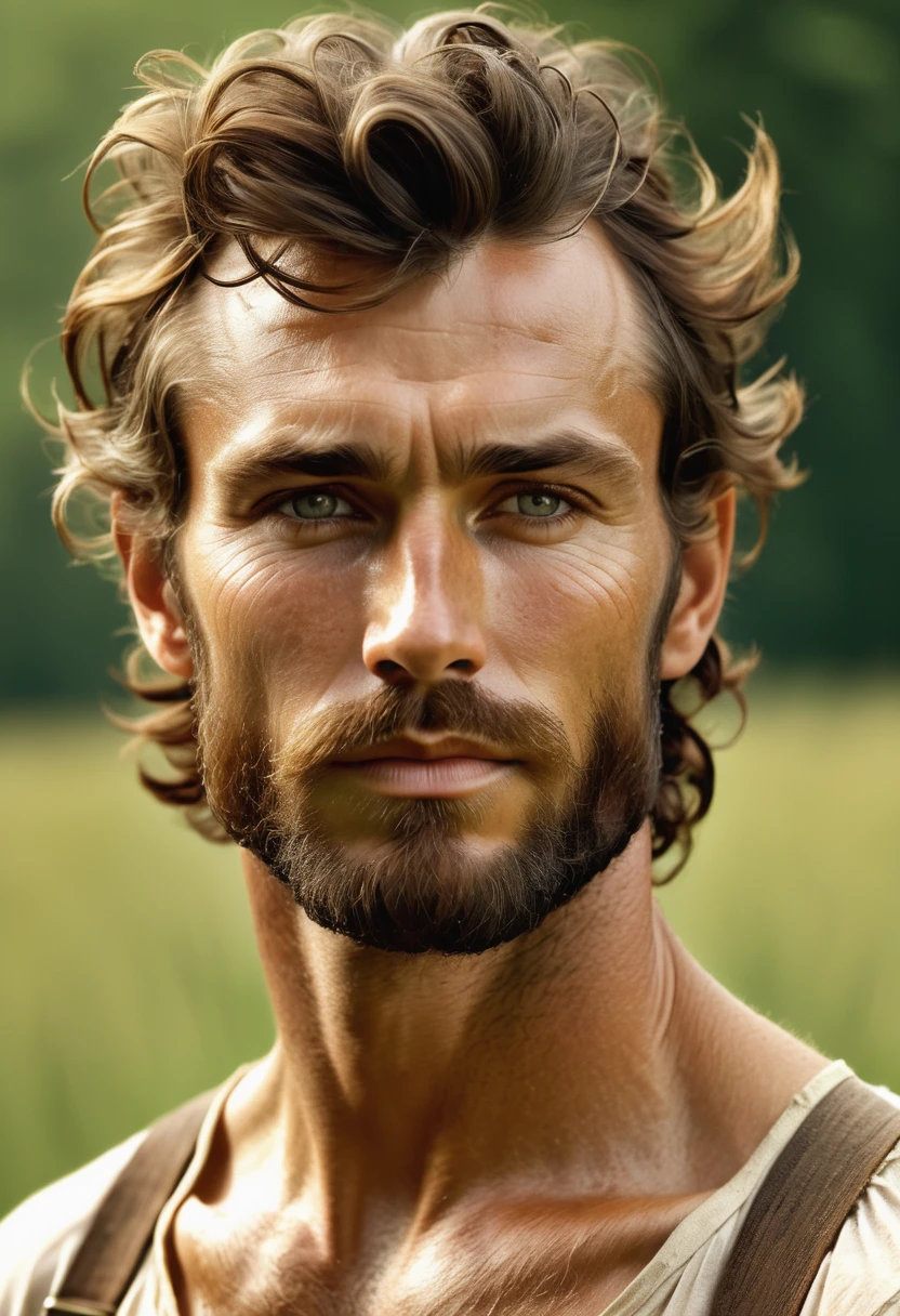 (highly detailed, soft light, detailed face, detailed skin, detailed eyes, photorealistic, dynamic light; cinematic); victorian era; 1820s; 33 years old man; German; 1820s gentleman; leadership figure; strikingly handsome; confident and intensely alluring; wild man aesthetic; defined cheekbones; defined strong jawline; longer chin; handsome face; strapping; tough but romantically interested expression; masculine face with several scars; charismatic; grizzled; sensual; strong aristocratic nose; manly passionate air; very attractive; burly broad stature; broad strong shoulders; ruddy weathered skin; long stubble beard; natural light-blue eyes; thick strong chestnut-brown eyebrows; carefully-shaped 1820s sideburns; 1820's union shirt, ripped open and showing chest; 1820s suspenders connected to pants; hairy naked broad heavily muscled chest; short straight chestnut-brown hair in 1820's hairstyle; full firm masculine lips; standing in Manitoba 1820's settlement in spring with sunshine; looking at camera