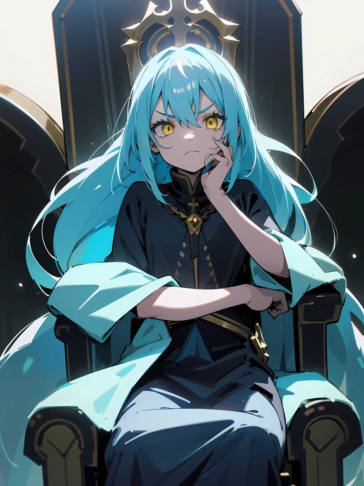 1girl, cyan hair, yellow eyes, dark menacing aura, dark shade on face, front angle,looking down, sitting on a throne, menacing sitting posture,right closed hand resting on cheeks.