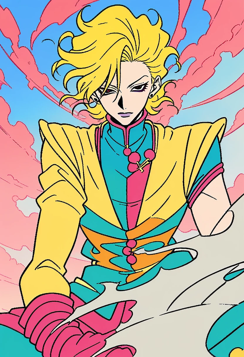 1boy, Hisoka, Hunter x Hunter, A unique and memorable villain with a penchant for chaos and a twisted sense of enjoyment, (masterpiece), (best quality), (ultra-detailed), very aesthetic, illustration, disheveled hair, perfect composition, moist skin, intricate details, anime artwork, anime style, key visual, vibrant, studio anime, highly detailed, Anime line art, lineart, line art, flat colors, flat color