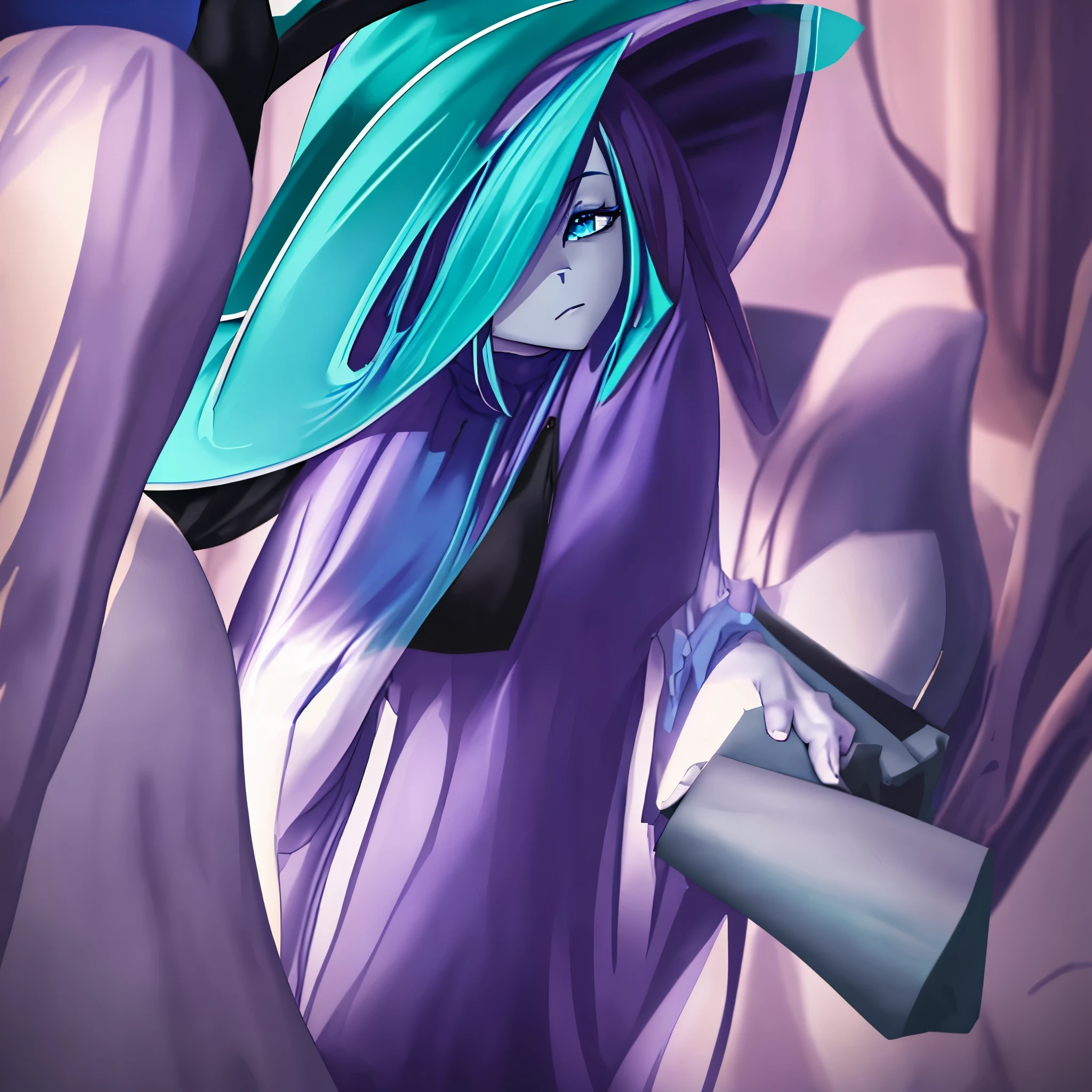 A girl elf with a dark teal colored hair, blue eyes, wearing a purple clothes and a big witch hat