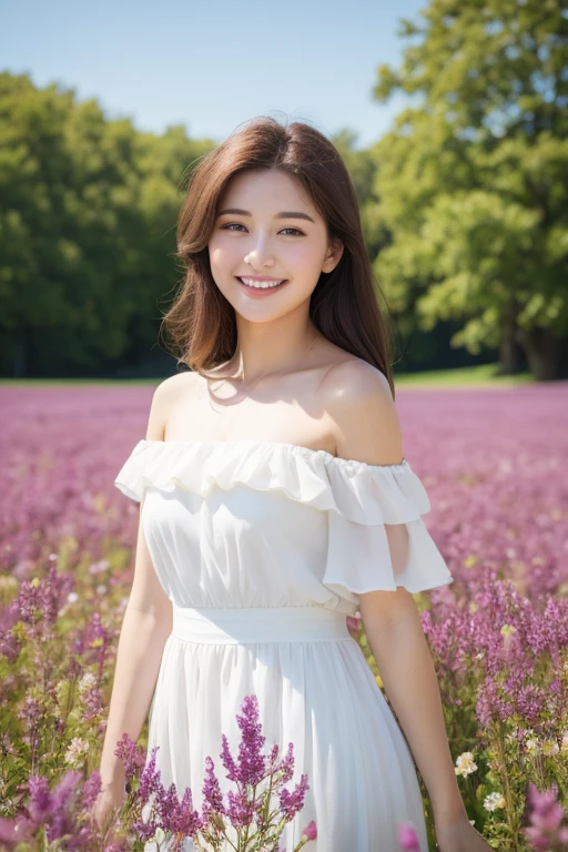Best quality, masterpiece, ultra high res, (photorealistic:1.4), raw photo, 1girl, white dress, off shoulder, blossom violet flower field, glowing skin, light smile