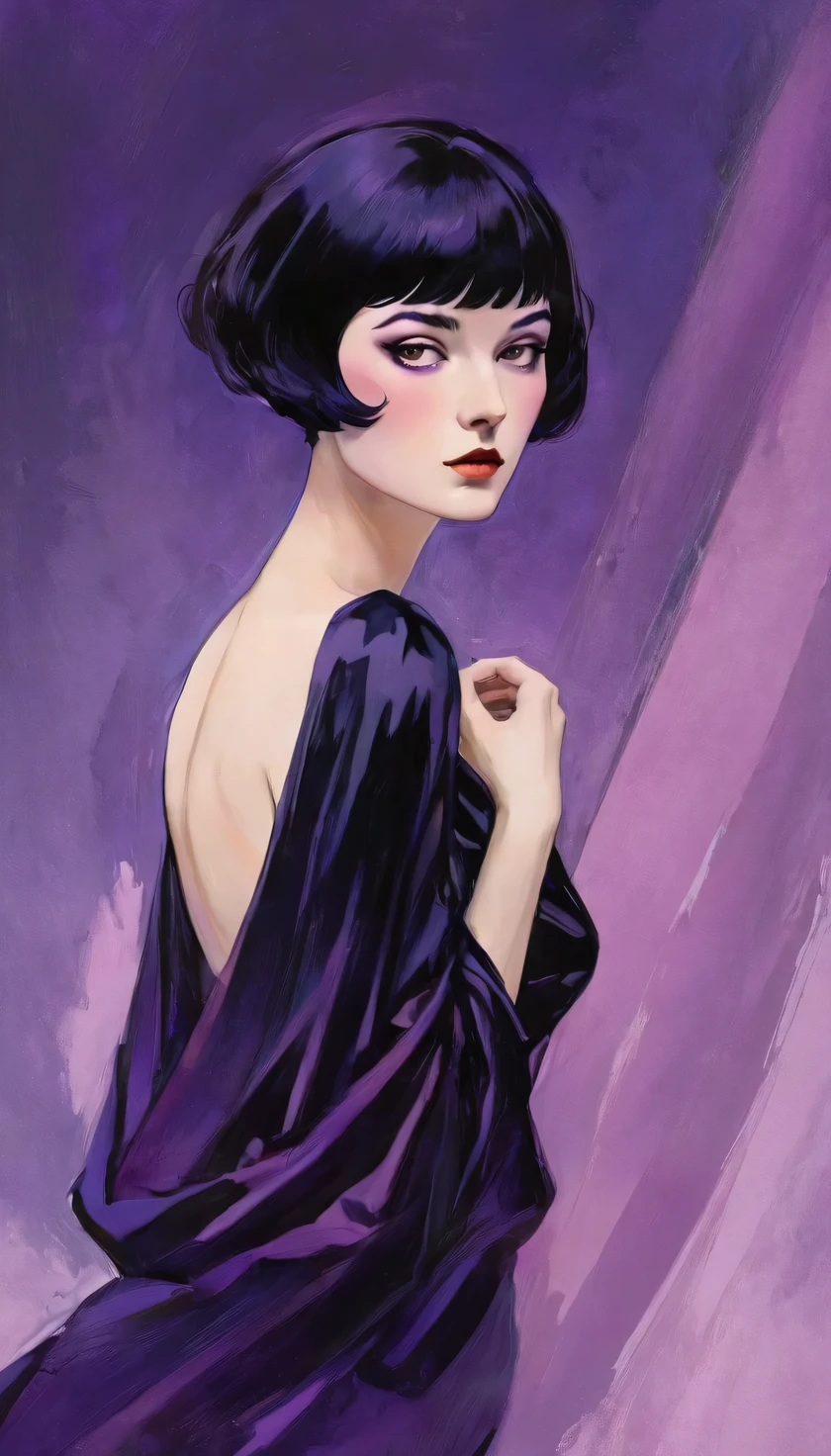 chiaroscuro technique on sensual illustration of an elegant queen (((short hair with bangs:1.4、Beautiful bangs) , vintage ,silky dress, matte painting, by John Singer Sargent, by Harumi Hironaka, extremely soft colors, dark vibrant, purple pastel, highly detailed, digital artwork, high contrast, dramatic, refined, tonal, an intimate, seductive studio setting with a focus on sensuality and romance. Utilize soft, warm lighting that bathes the space in a gentle, inviting glow. Incorporate luxurious fabrics, plush furnishings, and a touch of decadence to evoke an opulent ambiance. The scene should exude an air of serenity and anticipation, inviting the viewer into a sensual and romantic space