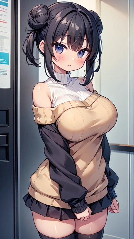 highest quality,wonderful,finely,extremely detailed CG Unity 8K wallpaper, (1 girl, black hair, double bun), (huge breasts:1.1),(off-shoulder sweater:1.3), (zettai ryouiki:1.4)