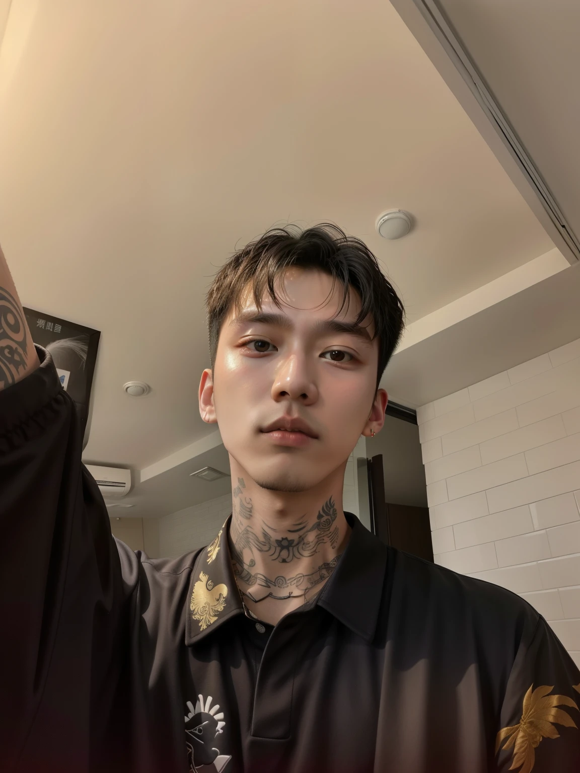 there is a man with a tattoo on his neck taking a selfie, yanjun chengt, hong june hyung, hyung tae, 2 , 2 2 years oldim, cai xukun, taken in the early 2020s, 2 3 years old, 2 8 yearsoyoung, longque