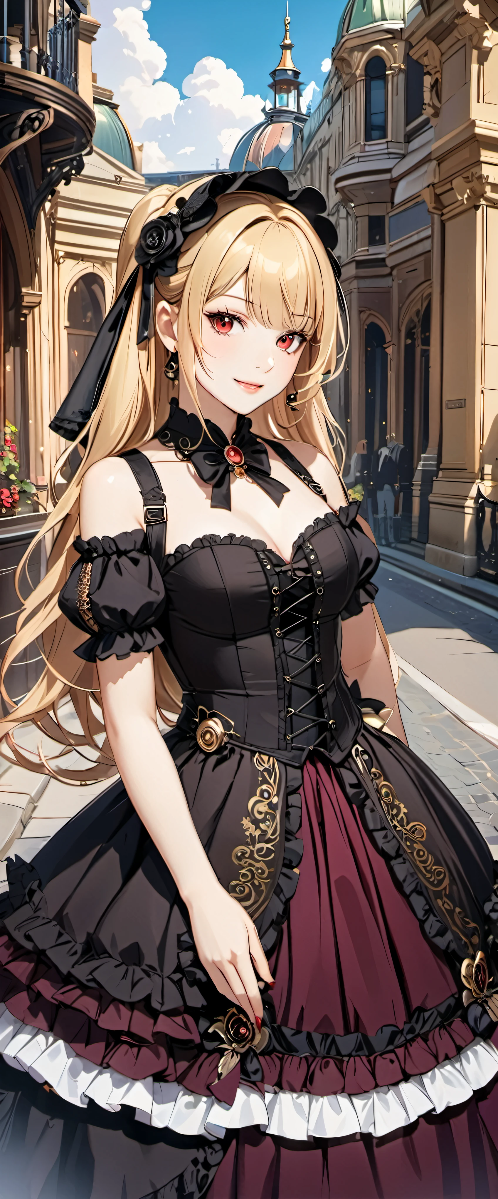 woman wearing dress and boots , baroque dress, wearing a detailed steampunk dress, elegant gothic princess, victorian gothic lolita fashion, historical baroque dress dark, black gothic lolita dress, fantasy style clothing, rococo dress, black rococo, fantasy costume, wearing a gothic dress, romantic dress, gothic dress,blonde,,(((upper body portrait))),red eyes,city,,(((mini skirt)))cute pose,smile