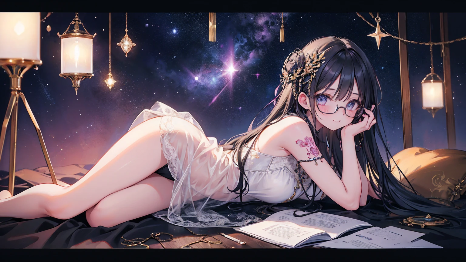 1 girl,(Improvement of quality:1.4),(Highest quality real textured skin), delicate face,black hair, gradient hair, body,(perfect body:1.1), There is a jewel on the forehead, rimless glasses, Shining eyes,long eyelashes,grin and laugh, hyper photorealism, cinematic lighting, Projected inset, surrealism, hyper hd, masterpiece, 16k,Lie,keep dreaming,Wear transparent silk pajamas,carmelt,legs slightly open,Has tattoos,fantasy space,luxurious space
