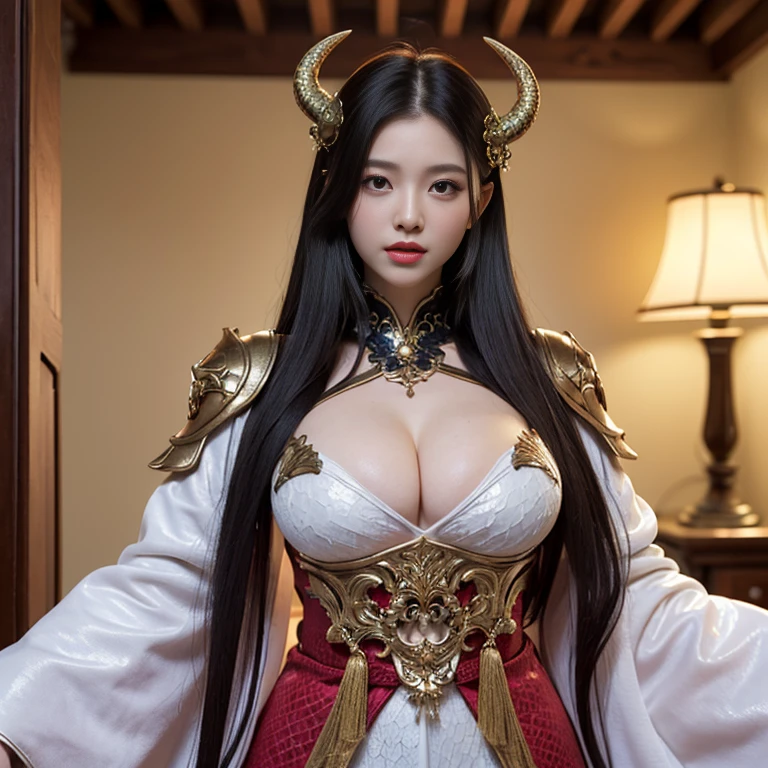 A woman with dragon horns is covered with sexy dragon scales, dragon horns are extremely luxurious, dragon tail, beautiful dragon scales, dragon scales hollowed, complex dragon scales, beautiful dragon scales, fantasy dragon scales, intricate details dragon scales, long and elegant tail behind, stunning details, imperial armor, ethereal, goddess, Japanese goddess, full body photo close-up, (transparent areola), chubby, oily body, fleshy body, plump body, perfect masterpiece, highest image qualit