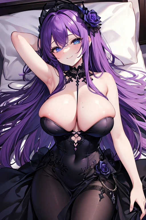 (masterpiece), best quality, expressive eyes, perfect face, long purple hair , blue eyes,big breasts , sexy,(black wedding dress), (sleeping on a big bed), (smiles mischievously),naked,pink skin