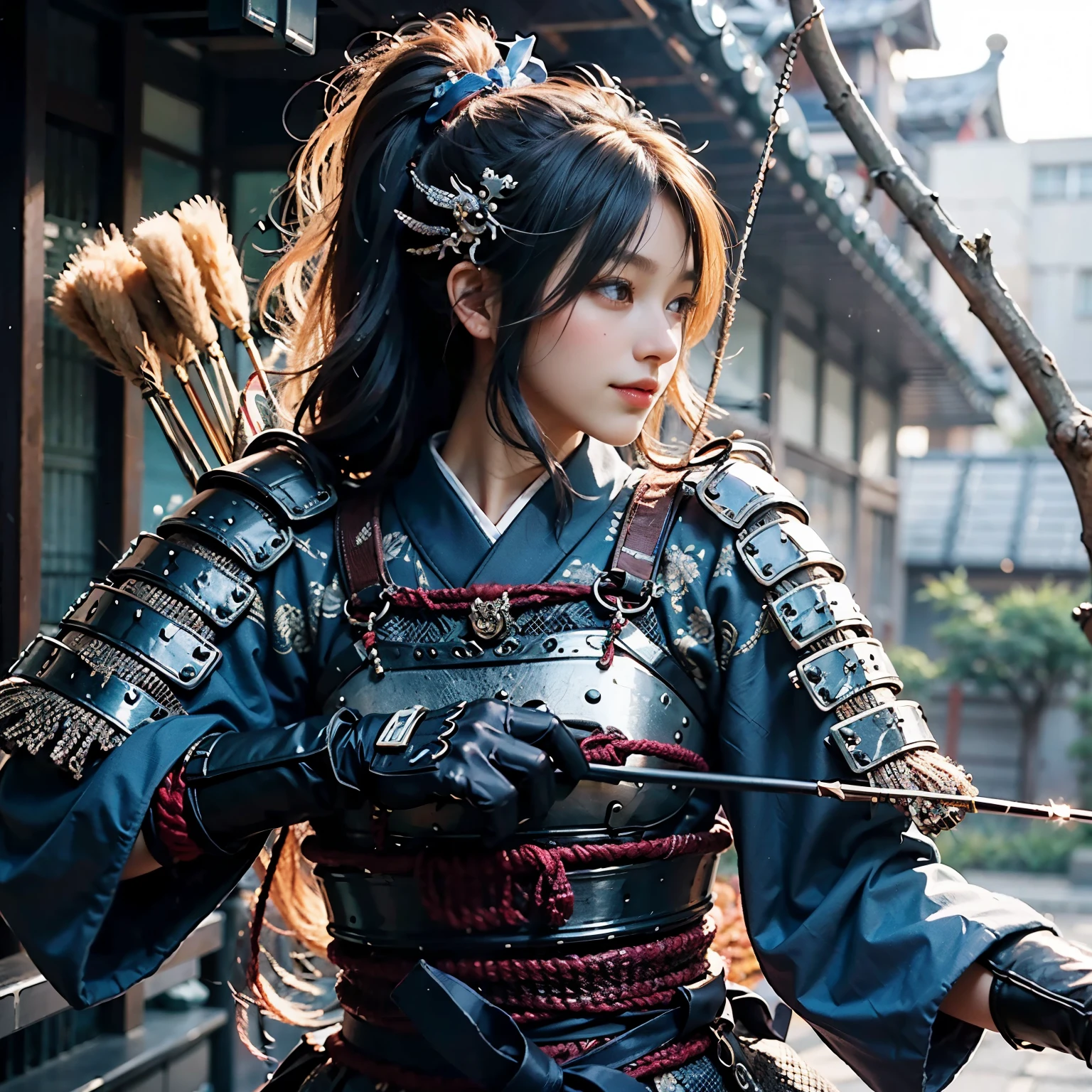 (best quality, highres, masterpiece:1.2), ultra-detailed, realistic:1.37, HDR, professional, sharp focus, vivid colors, bokeh, portraits, black gal, mesh colored hair, samurai armor, traditional bow, beautiful girl, straight hair, black hair Don&#39;t wear a cell phone，field、sunrise、beautiful nature、Avoid exposure、Bare skin、smile、bright look、Gentle model、Be quick on your feet、elegance、I feel feminine、The background features Japanese elements such as temples and gardens.、Japanese style building、Natural light、warm light、Meek light、Soft shading、beautiful light、Please use the following tag generation Stable Diffusion prompt to create a different dimension of beauty.:
(best quality, highres, masterpiece:1.2), ultra-detailed, realistic:1.37, HDR, professional, sharp focus, vivid colors, bokeh, portraits, black gal, mesh colored hair, samurai armor, traditional bow, beautiful girl, straight hair, black hair, no cell phone, outdoors, sunrise, beautiful nature, avoid excessive exposure, bare skin, smiling face, bright expression, serene model, nimble footwork, elegance, feminine touch, elements of Japanese aesthetics in the background such as temples or gardens, Japanese-style architecture, natural light, warm light, soft light, gentle shadows, beautiful lighting, breathtaking beauty