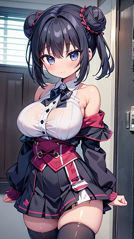 highest quality,wonderful,finely,extremely detailed CG Unity 8K wallpaper, (1 girl, black hair, double bun), (huge breasts:1.1),(off-shoulder pelvic curtain:1.3), (zettai ryouiki:1.4)