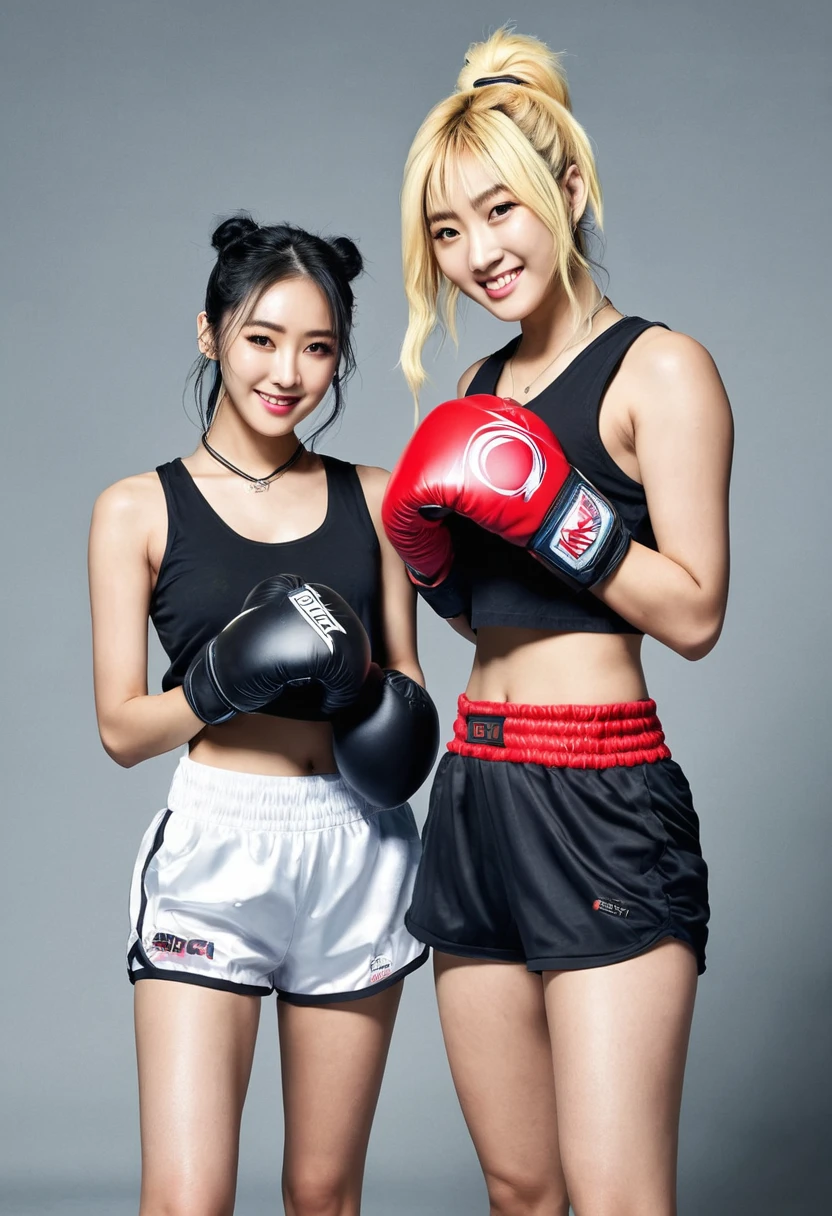 best resolution, 2heads,  half-body shot, korean woman with two heads , white hair, black hair,  short hair and  long hair,  different faces, boxing attire, boxing gym background