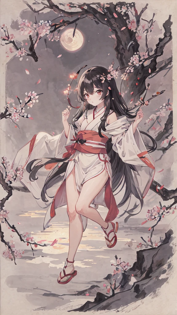 ((4K, masterpiece, best quality, super high detail)), 1 girl, ink bissim, delicate cheeks, delicate nose bridge, shy expression, long black hair, long hair on shoulders, scattered, black eyes, white kimono, bare breasts, no clothes, bare thighs, phoenix leg rings, barefoot, Japanese sandals, standing, standing on the water, full body, looking straight into the eyes, ((nude, transparent lower body, naked lower body, full nudity, transparent breasts, bare breasts, no bra, There is a pink vertical line in the pubic area and two pink on the chest, bare))