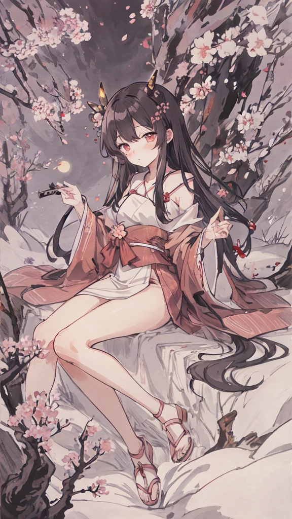 masterpiece, highest quality, night, hill, cloud, full moon, long hair, woman, silhouette, fire Fly,cherry blossoms