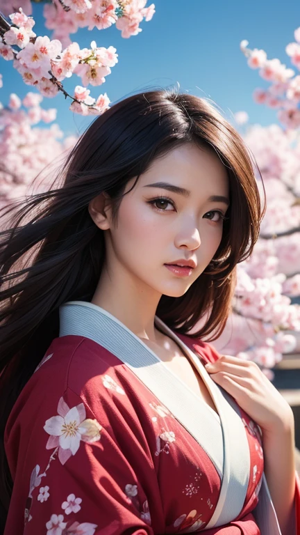 Stunning painting mixed photorealistic of a young Japanese female, attractive robe kimono, lots of wind, perfect anatomy, very close to perfection, dynamic, very detailed, art station, concept art, soft and sharp focus, poster, illustration, graffiti airbrushing techniques, high definition accent lighting, contrast, very bright splash colors.,cherry blossoms flowing background